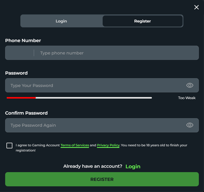 Registration form with phone password and confirmation