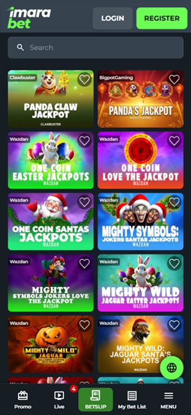 Casino jackpots lobby with Panda Claw Jackpot